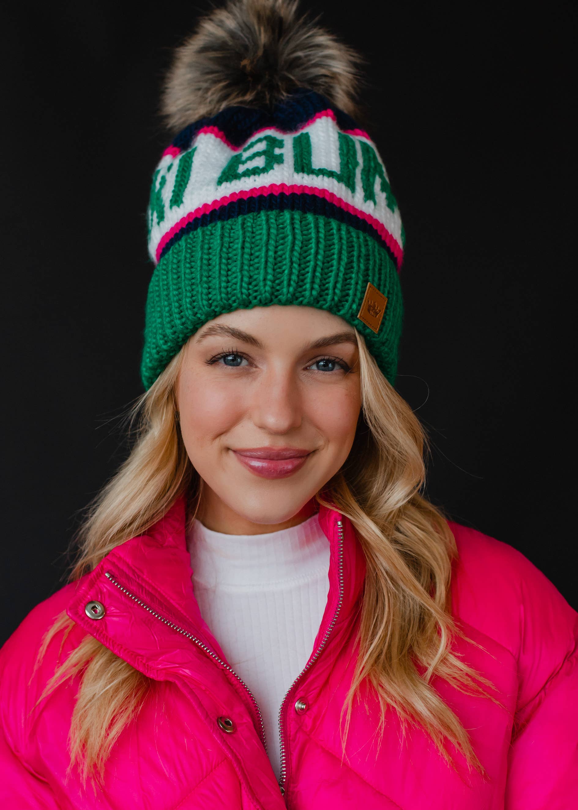 Green, Navy & Pink Ski Bum Pom Hat