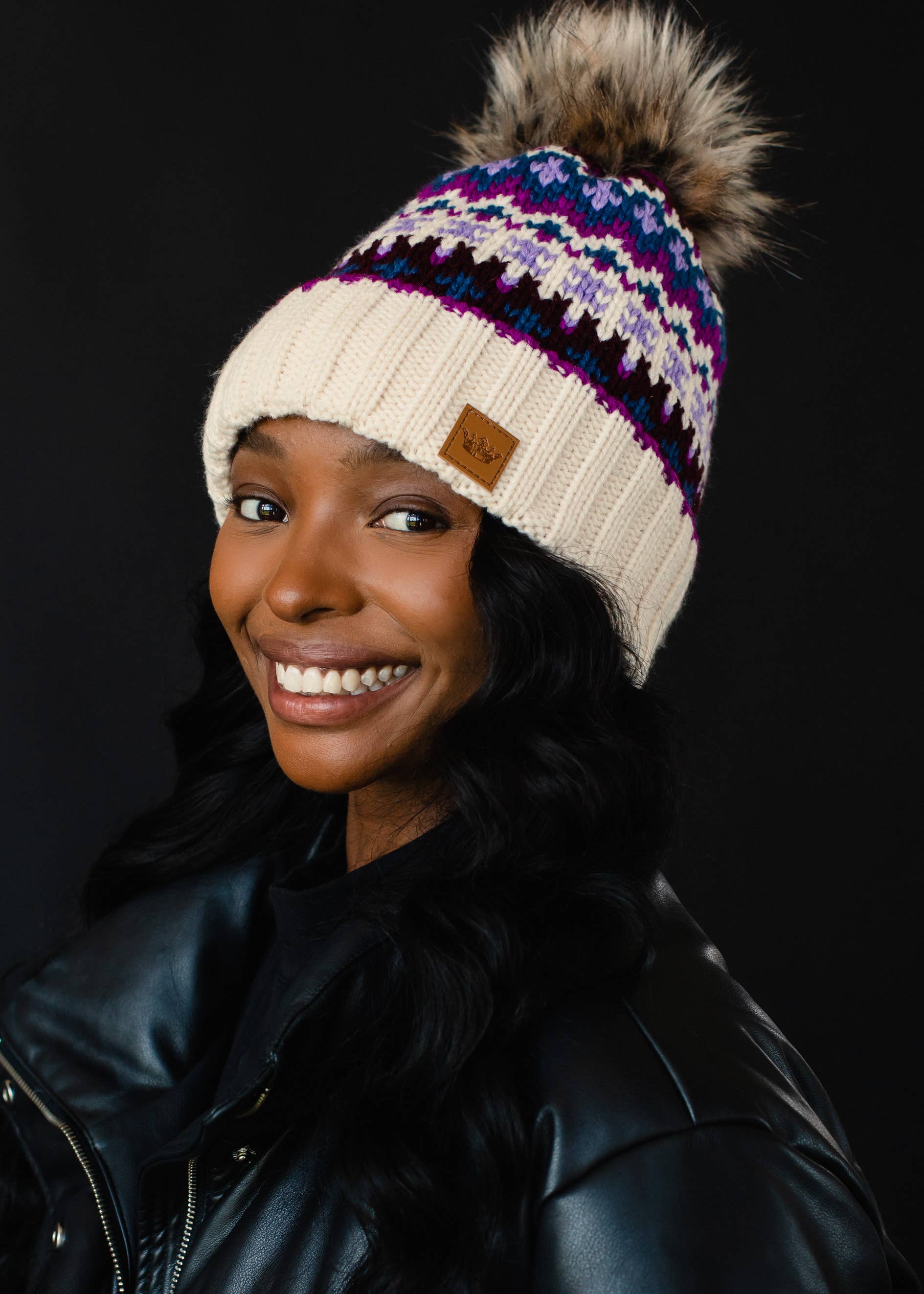 Beige, Purple & Multicolored Patterned Pom Hat