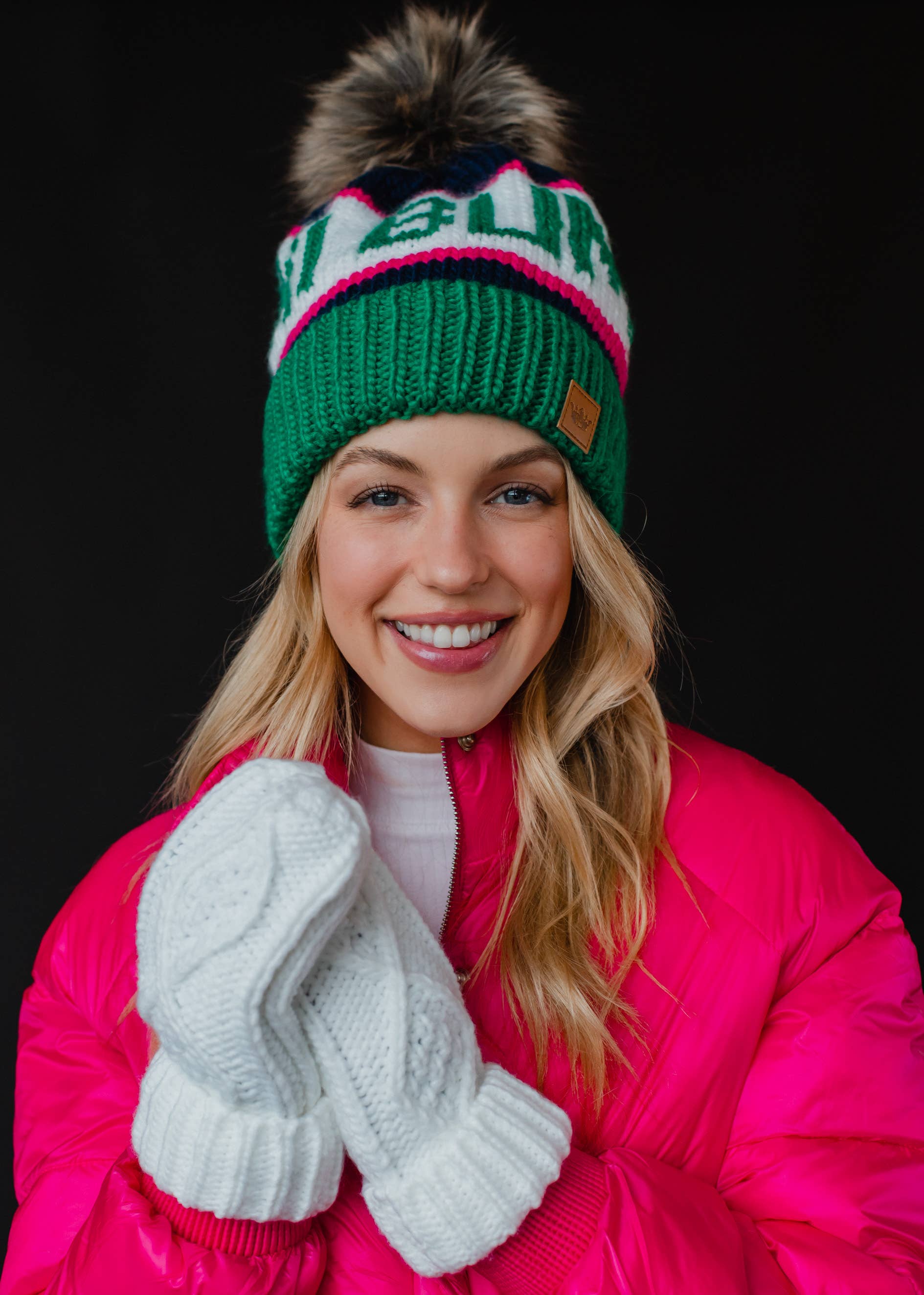 Green, Navy & Pink Ski Bum Pom Hat