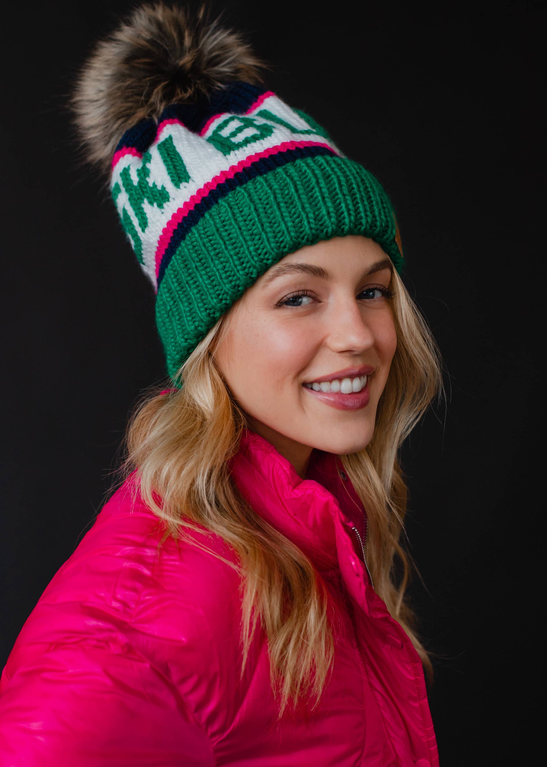 Green, Navy & Pink Ski Bum Pom Hat