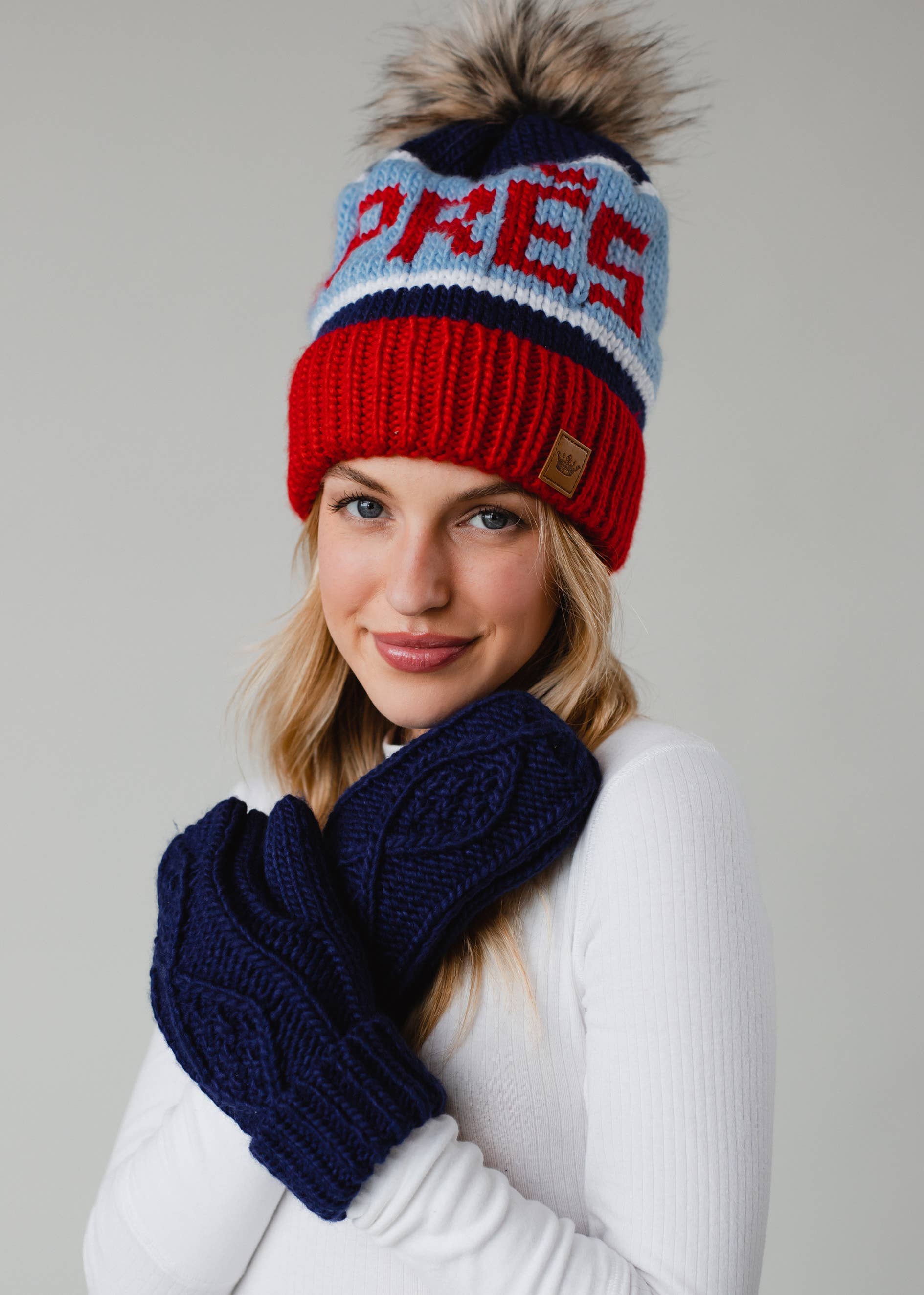 Red, Lt. Blue & Navy Apres Pom Hat