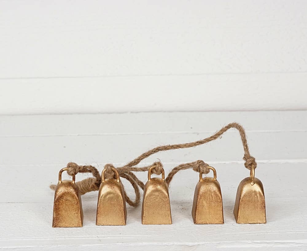 M32503-Vintage Gold Mini Cow Bell Stringx5 (3inH)