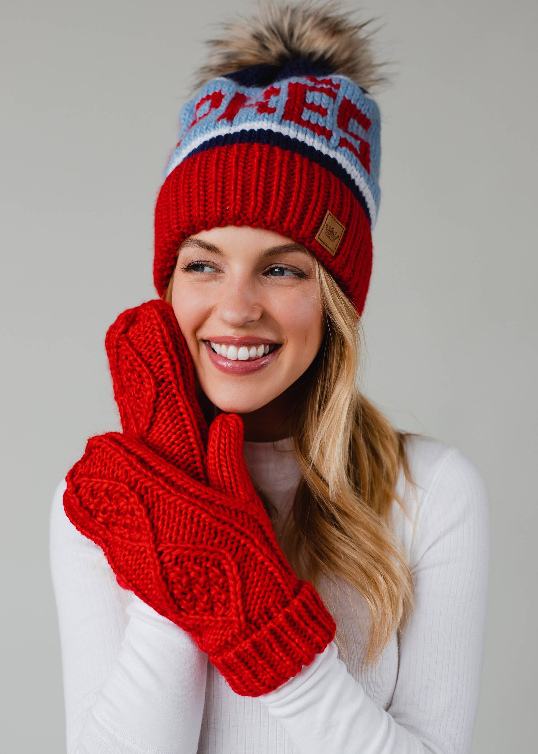 Red, Lt. Blue & Navy Apres Pom Hat