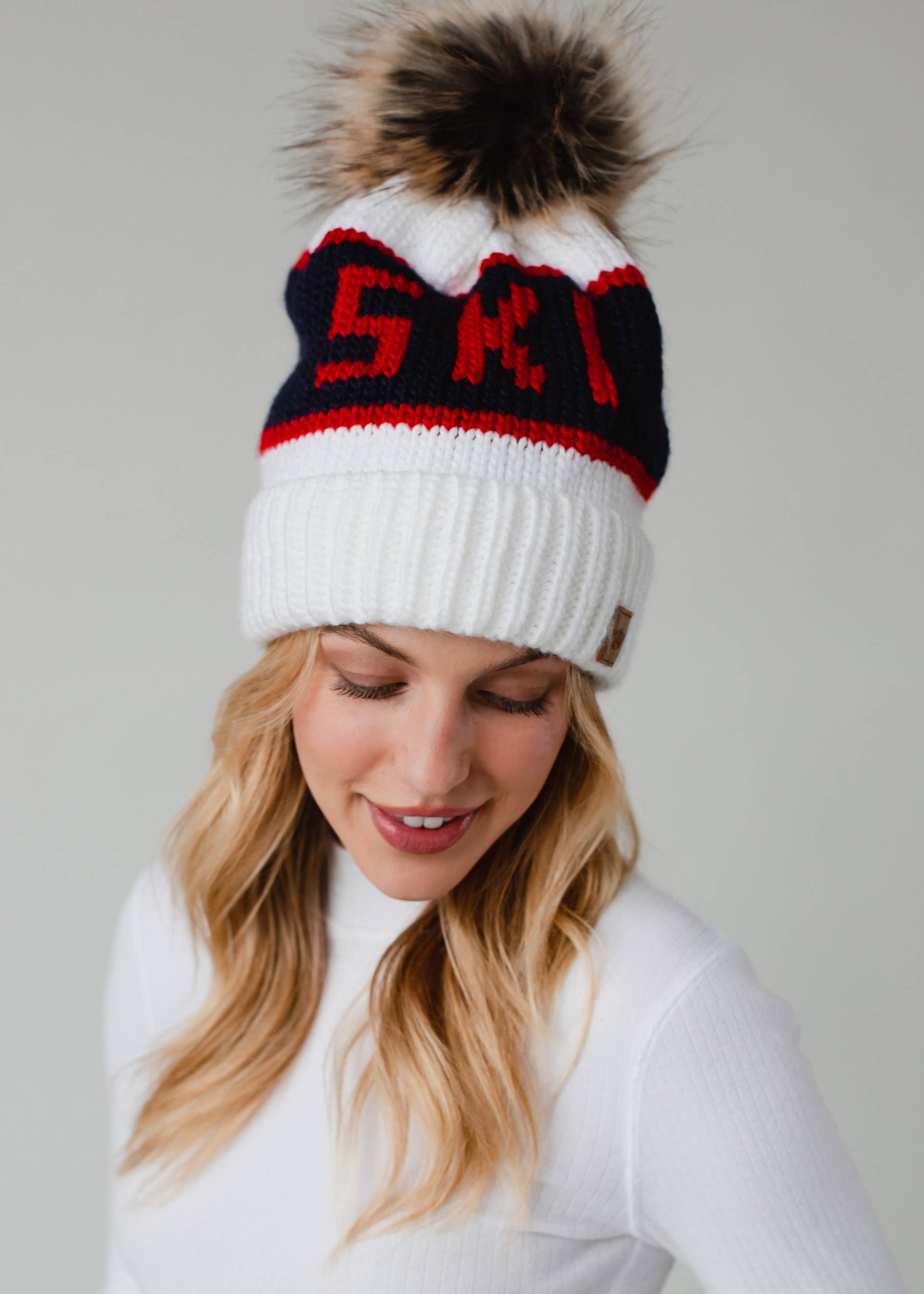 White, Navy & Red Ski Pom Hat