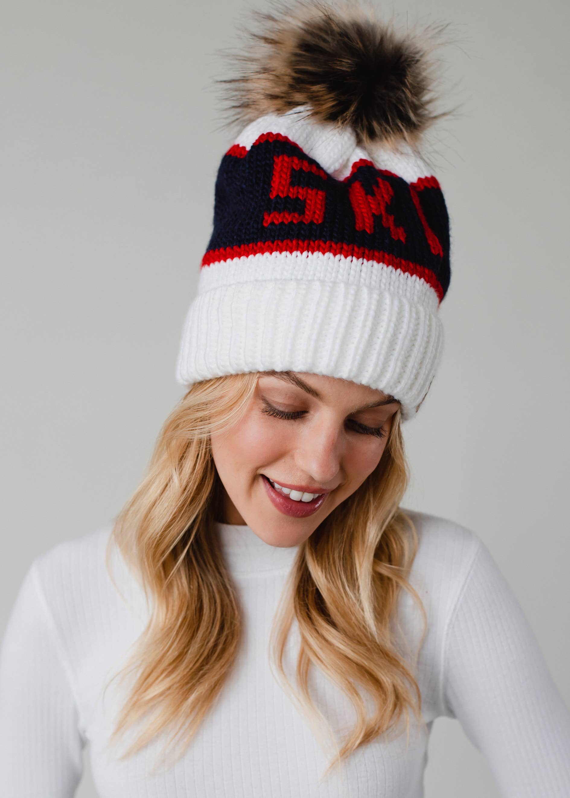 White, Navy & Red Ski Pom Hat