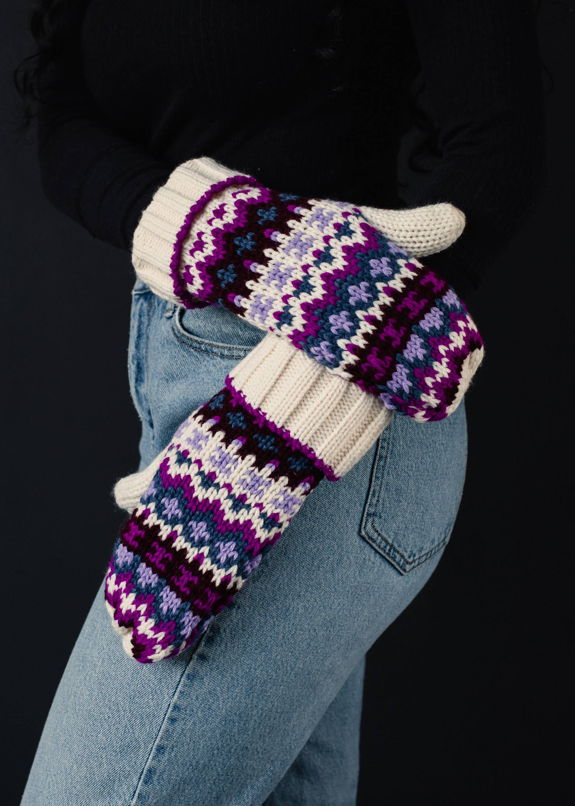 Beige, Purple & Multicolored Patterned Mittens