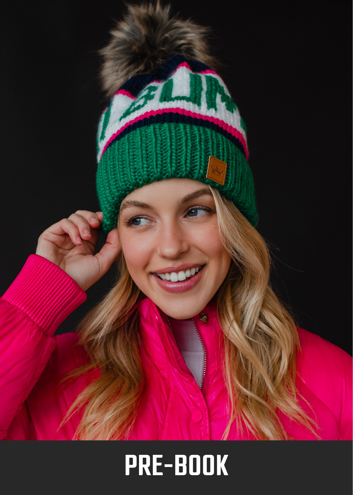 Green, Navy & Pink Ski Bum Pom Hat