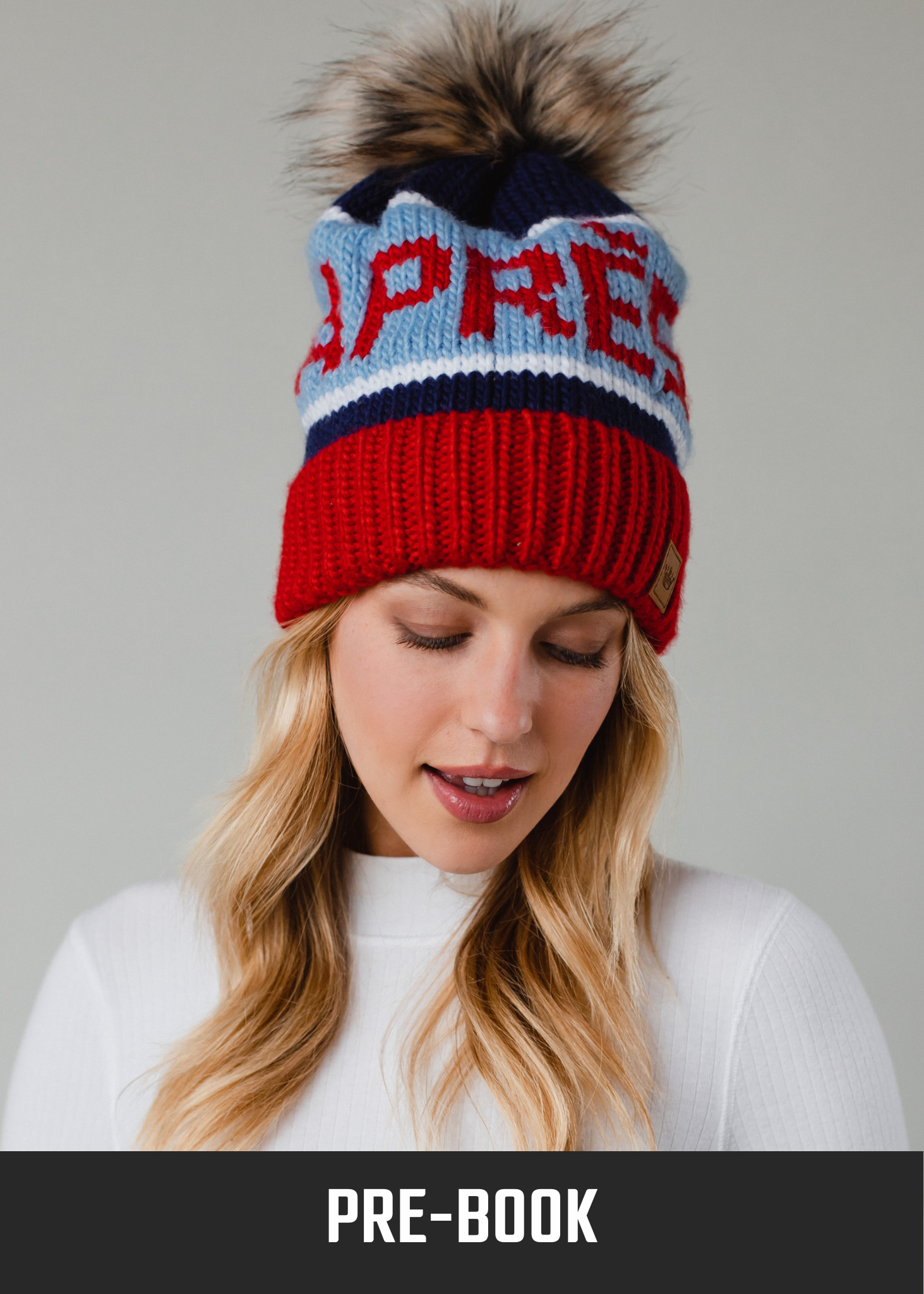 Red, Lt. Blue & Navy Apres Pom Hat