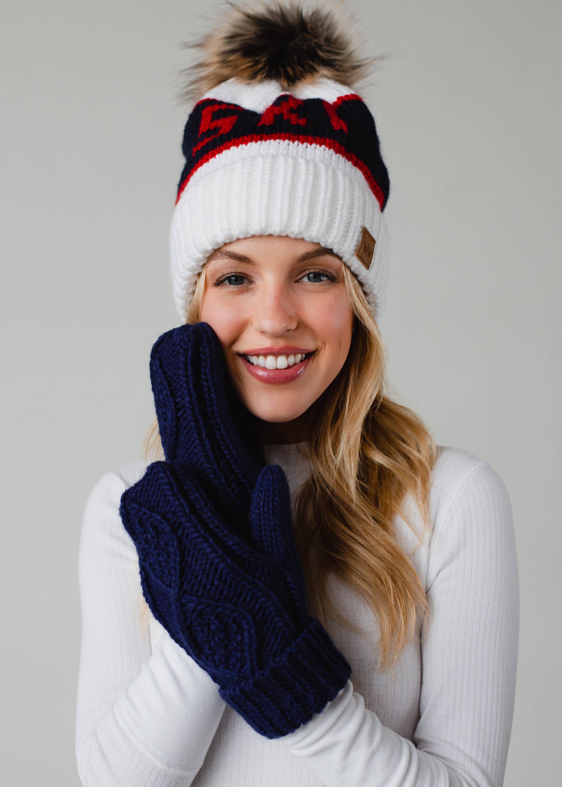 White, Navy & Red Ski Pom Hat