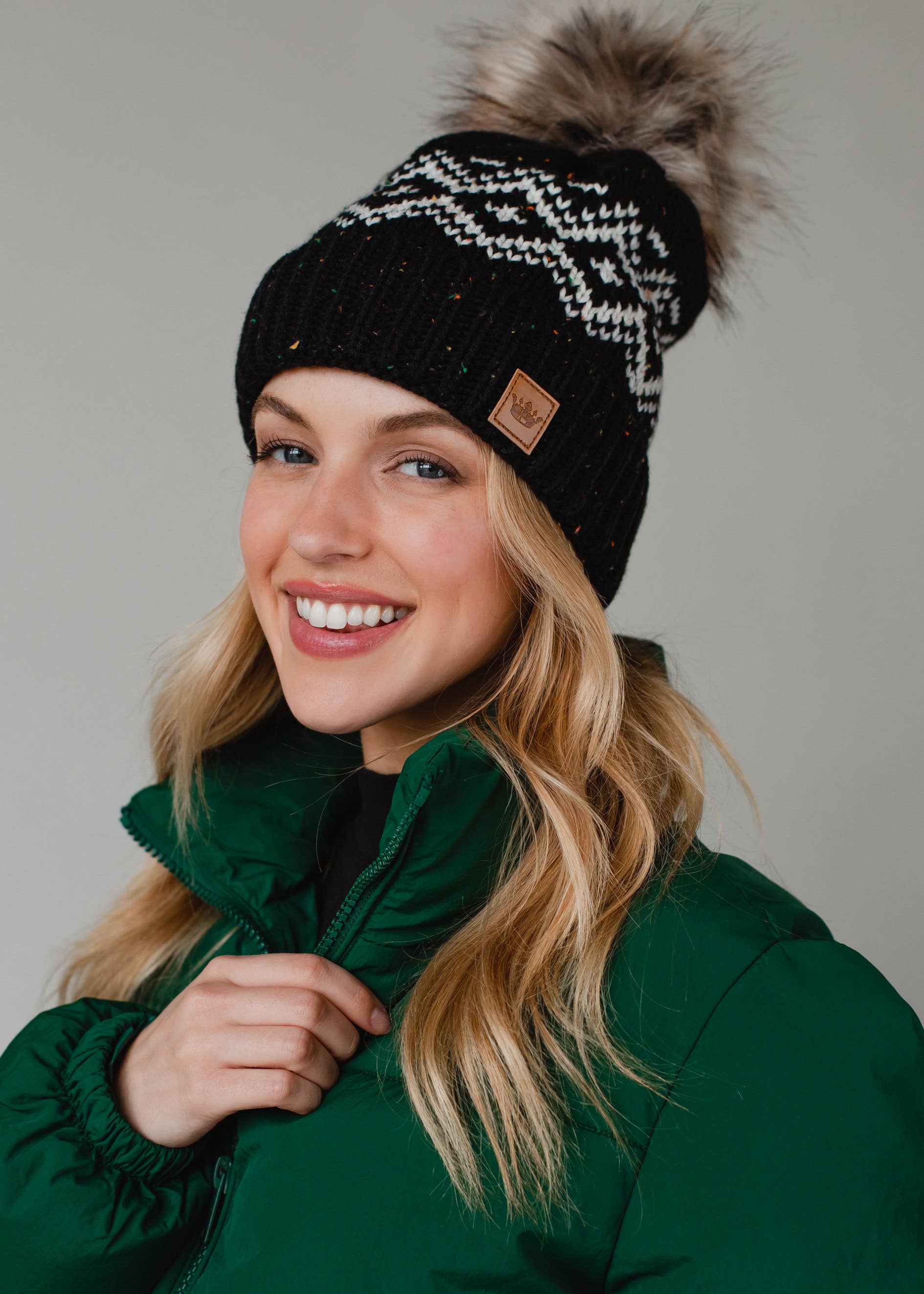 Black & Speckled Patterned Pom Hat