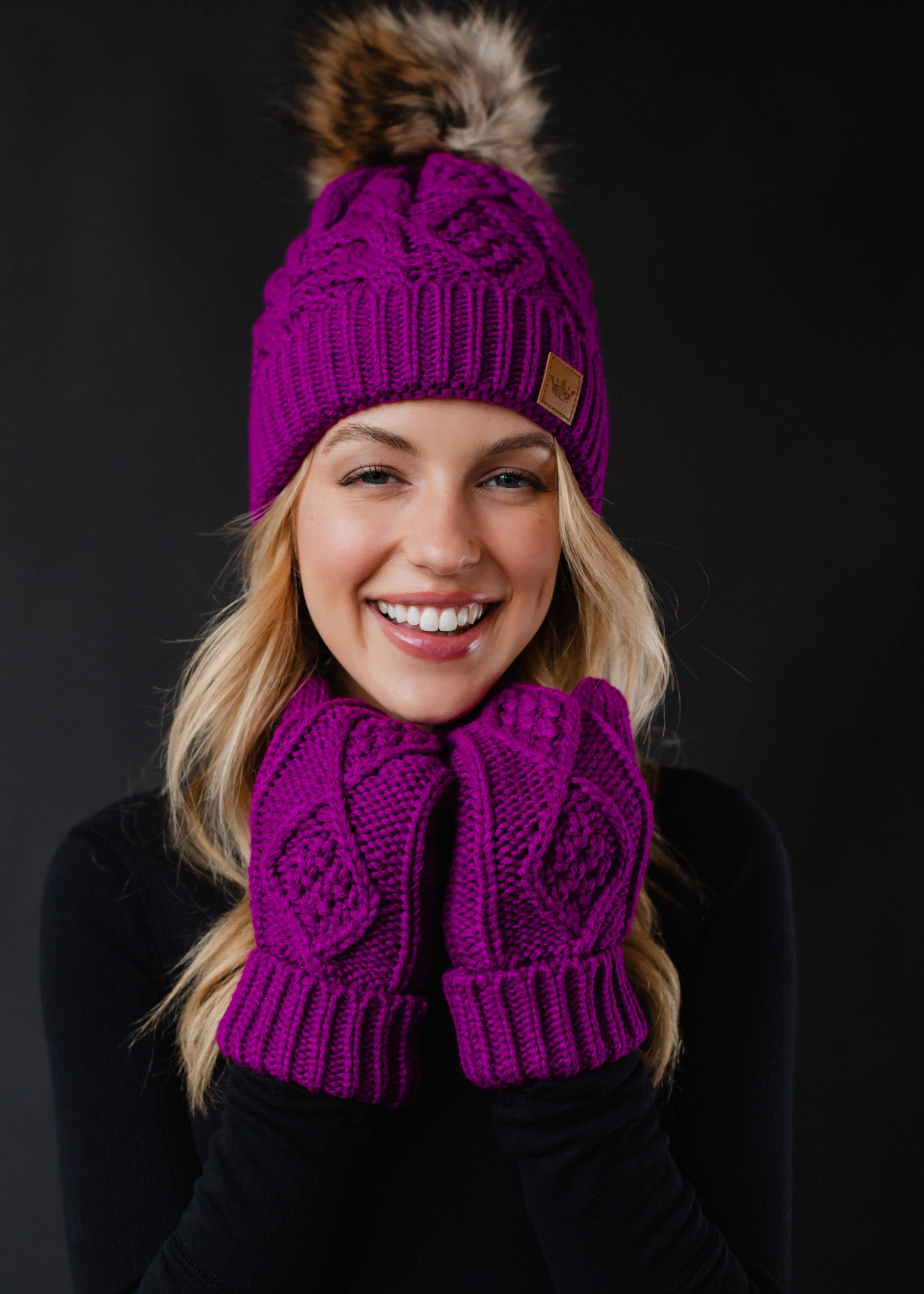 Purple Cable Knit Pom Hat