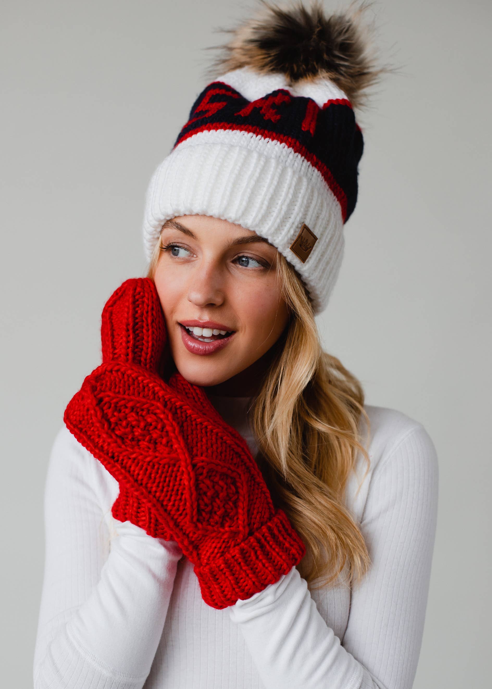 White, Navy & Red Ski Pom Hat