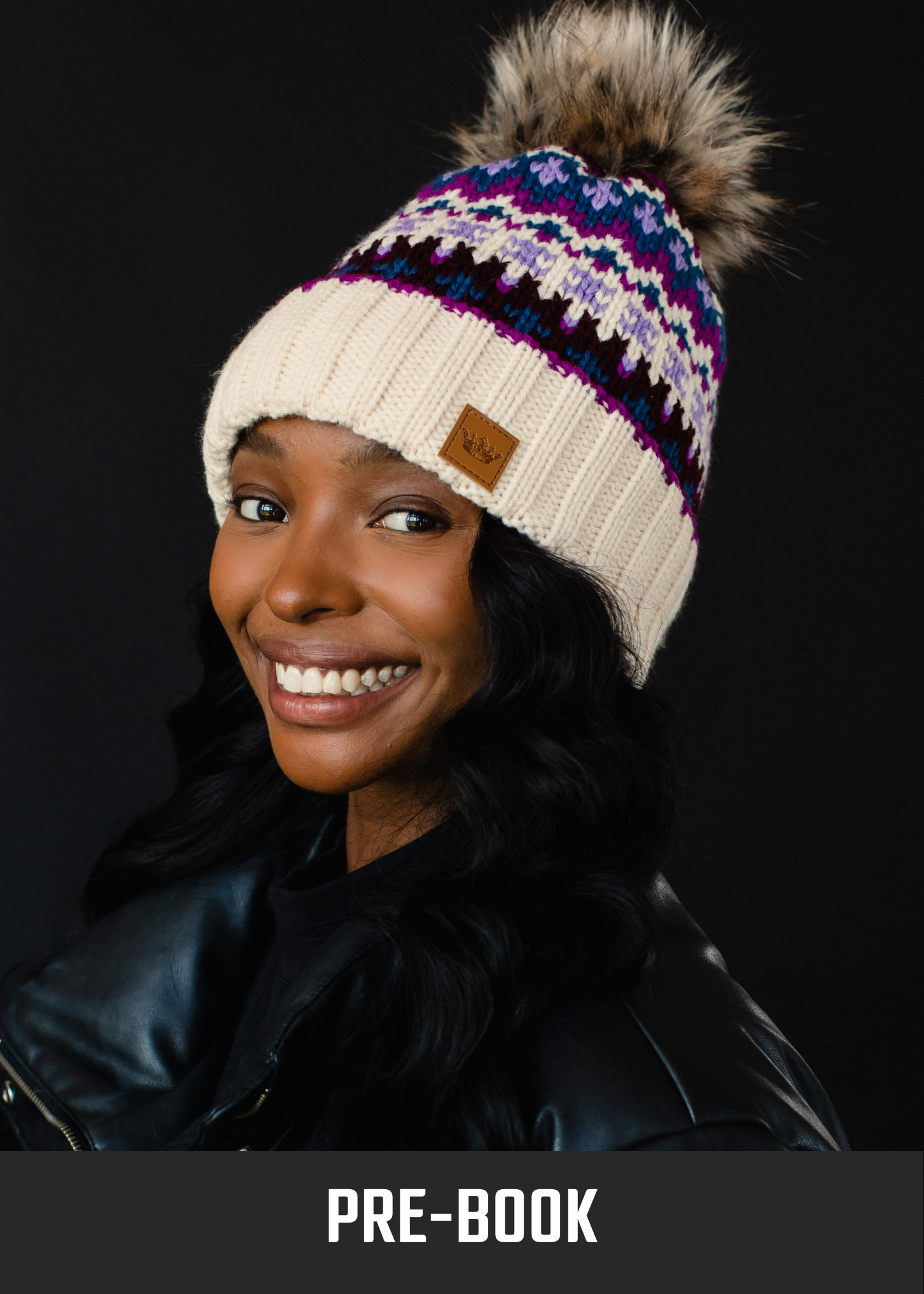 Beige, Purple & Multicolored Patterned Pom Hat