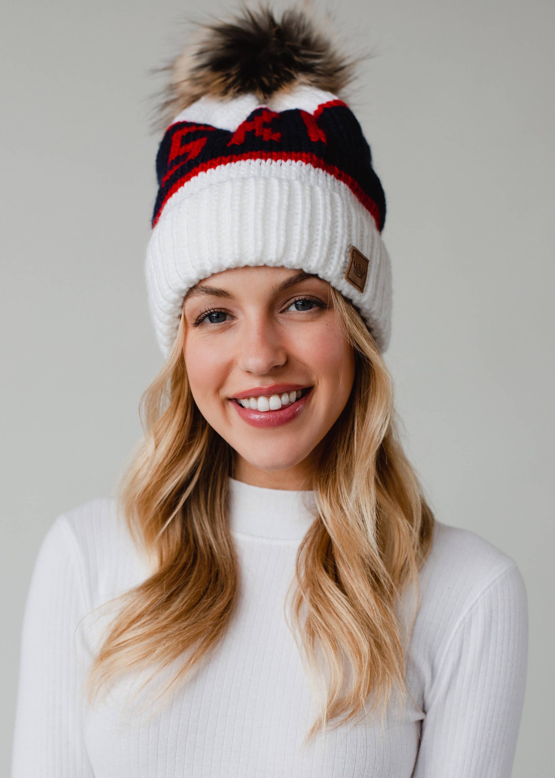 White, Navy & Red Ski Pom Hat