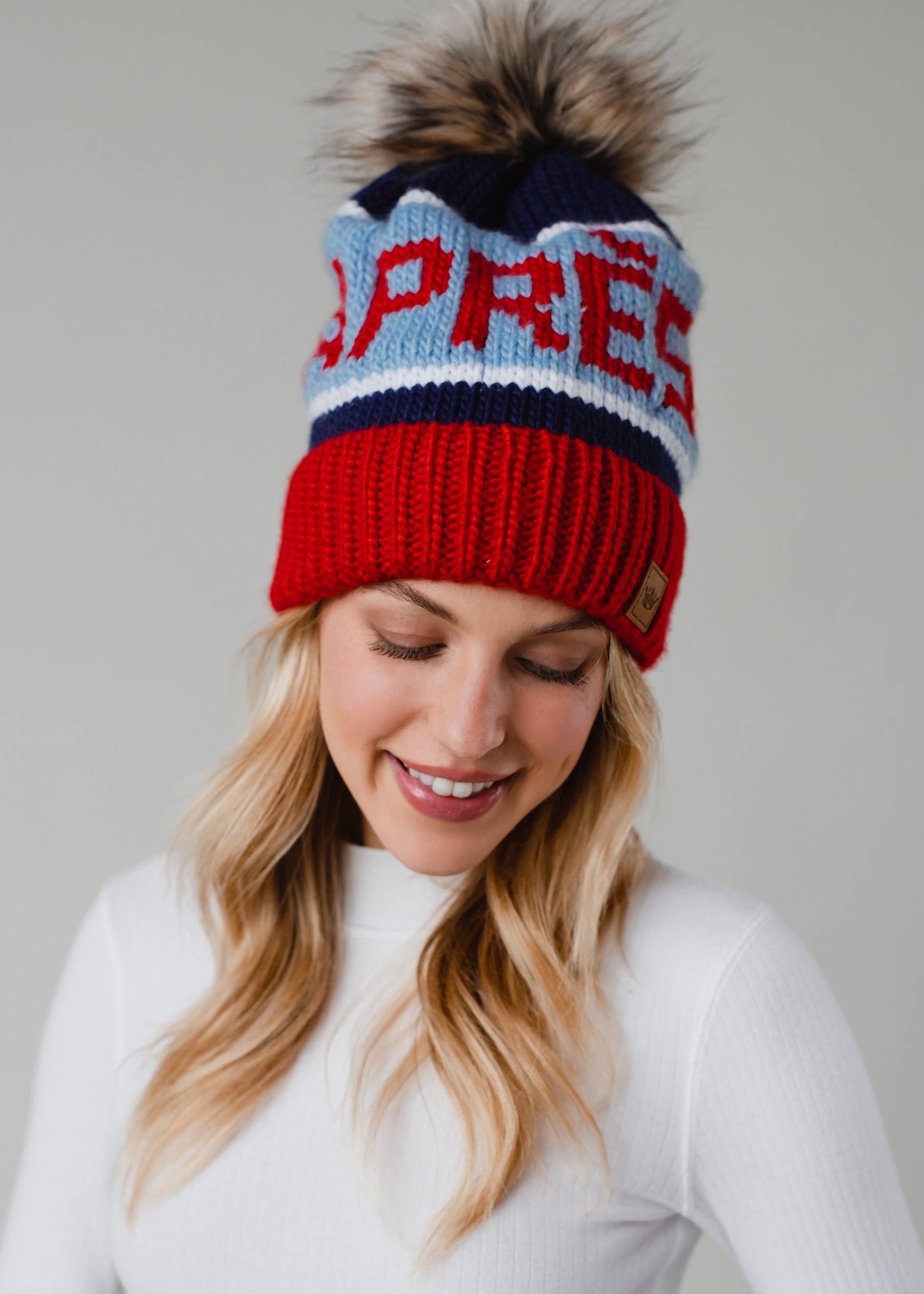 Red, Lt. Blue & Navy Apres Pom Hat