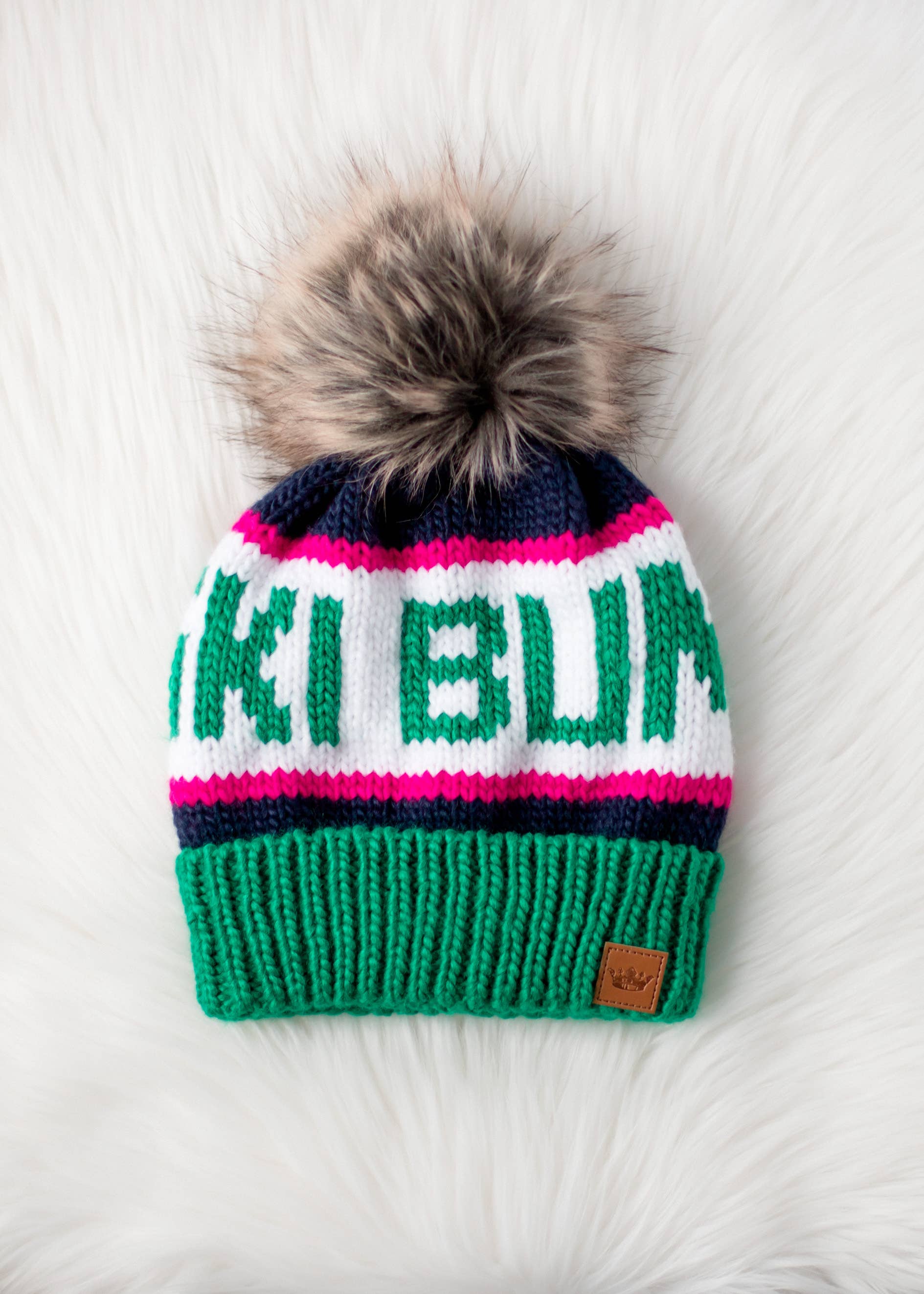 Green, Navy & Pink Ski Bum Pom Hat