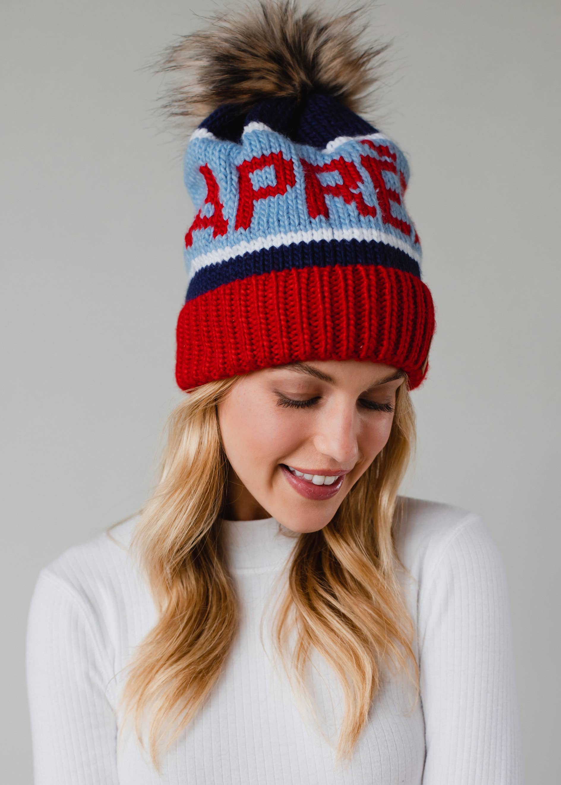 Red, Lt. Blue & Navy Apres Pom Hat