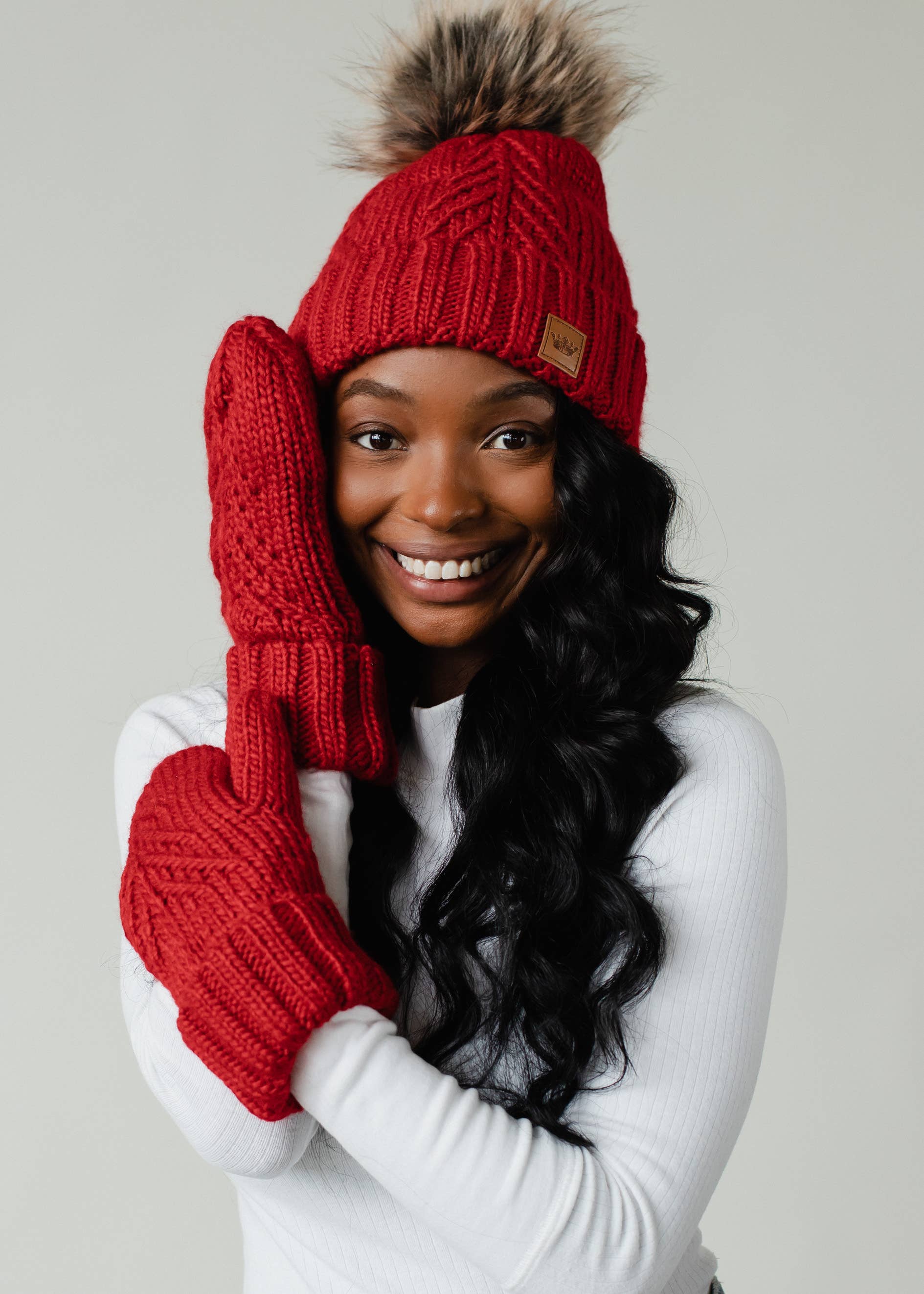 Red Decorative Cable Knit Pom Hat