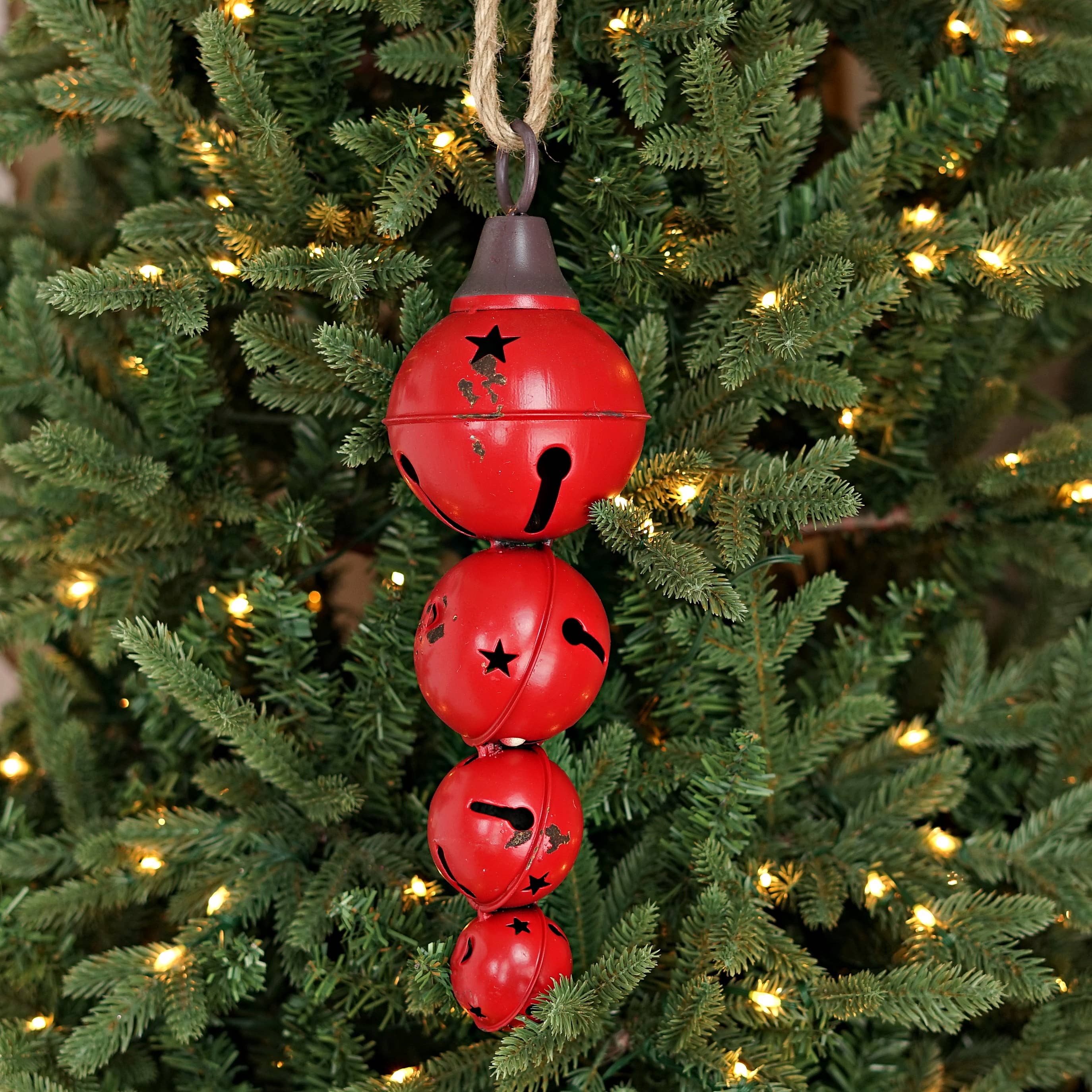 M10819- 13.5inL Distressed Metal 4 Bells Strand-Red-