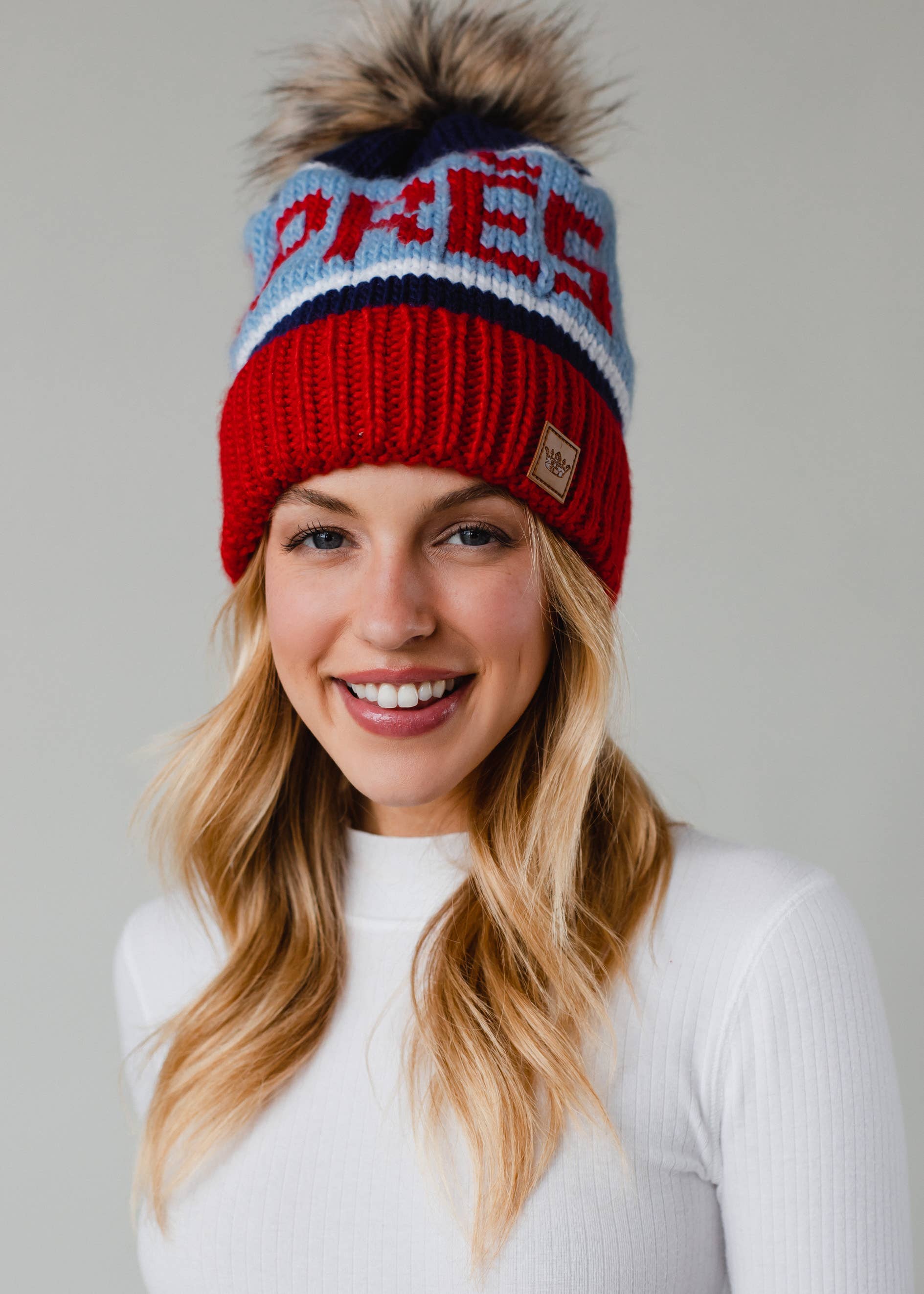 Red, Lt. Blue & Navy Apres Pom Hat