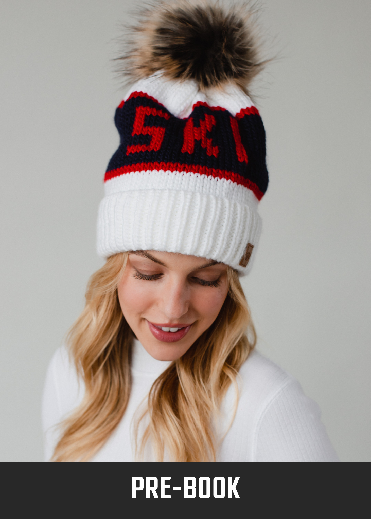 White, Navy & Red Ski Pom Hat