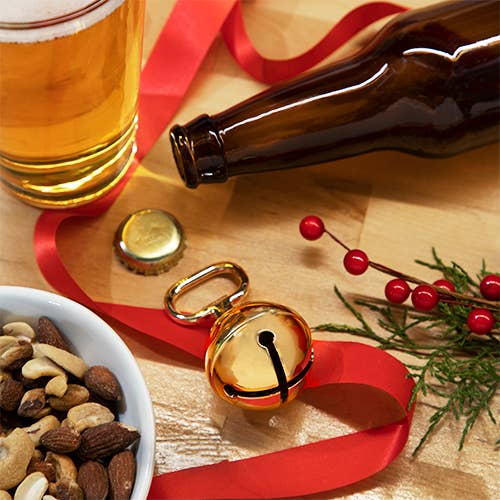 Gold-Plated Metal Jingle Bell Beer Bottle Opener w/ Ribbon