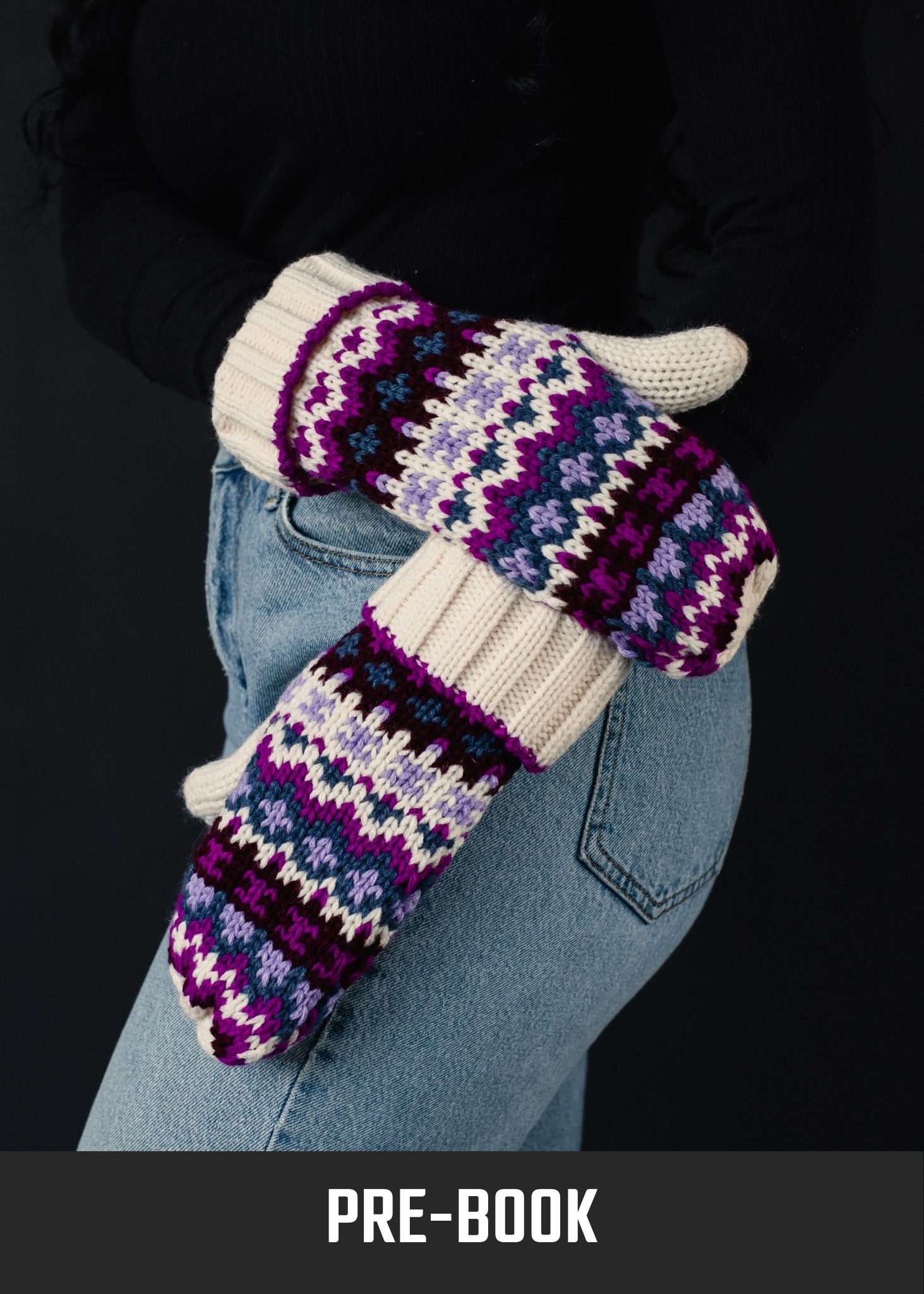 Beige, Purple & Multicolored Patterned Mittens