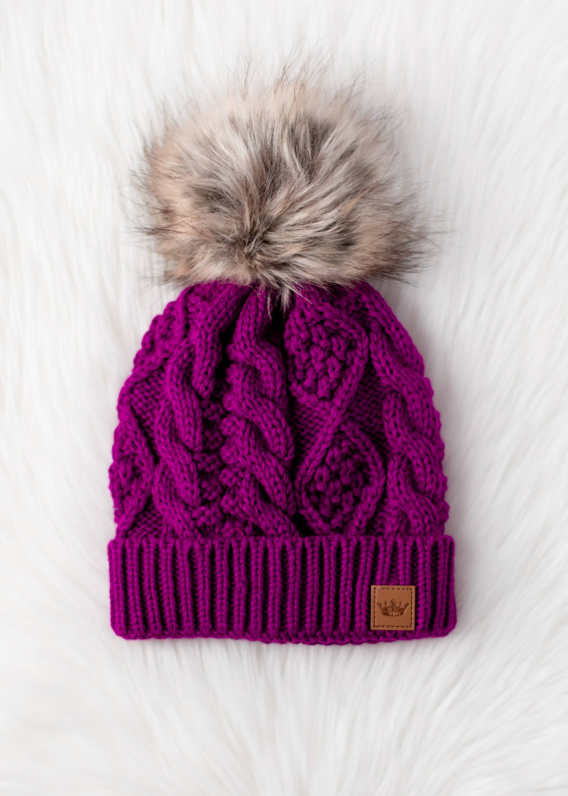 Purple Cable Knit Pom Hat