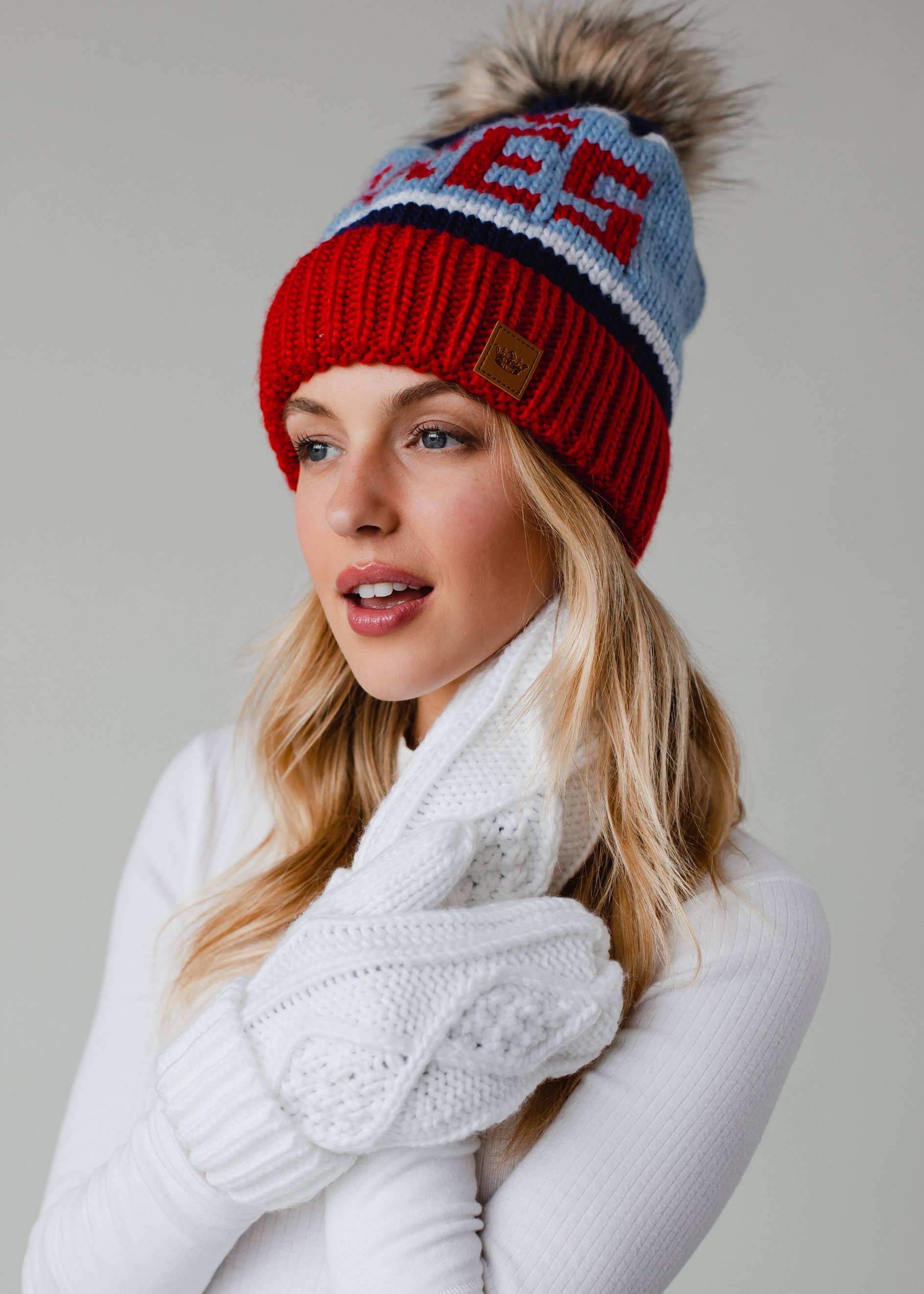 Red, Lt. Blue & Navy Apres Pom Hat