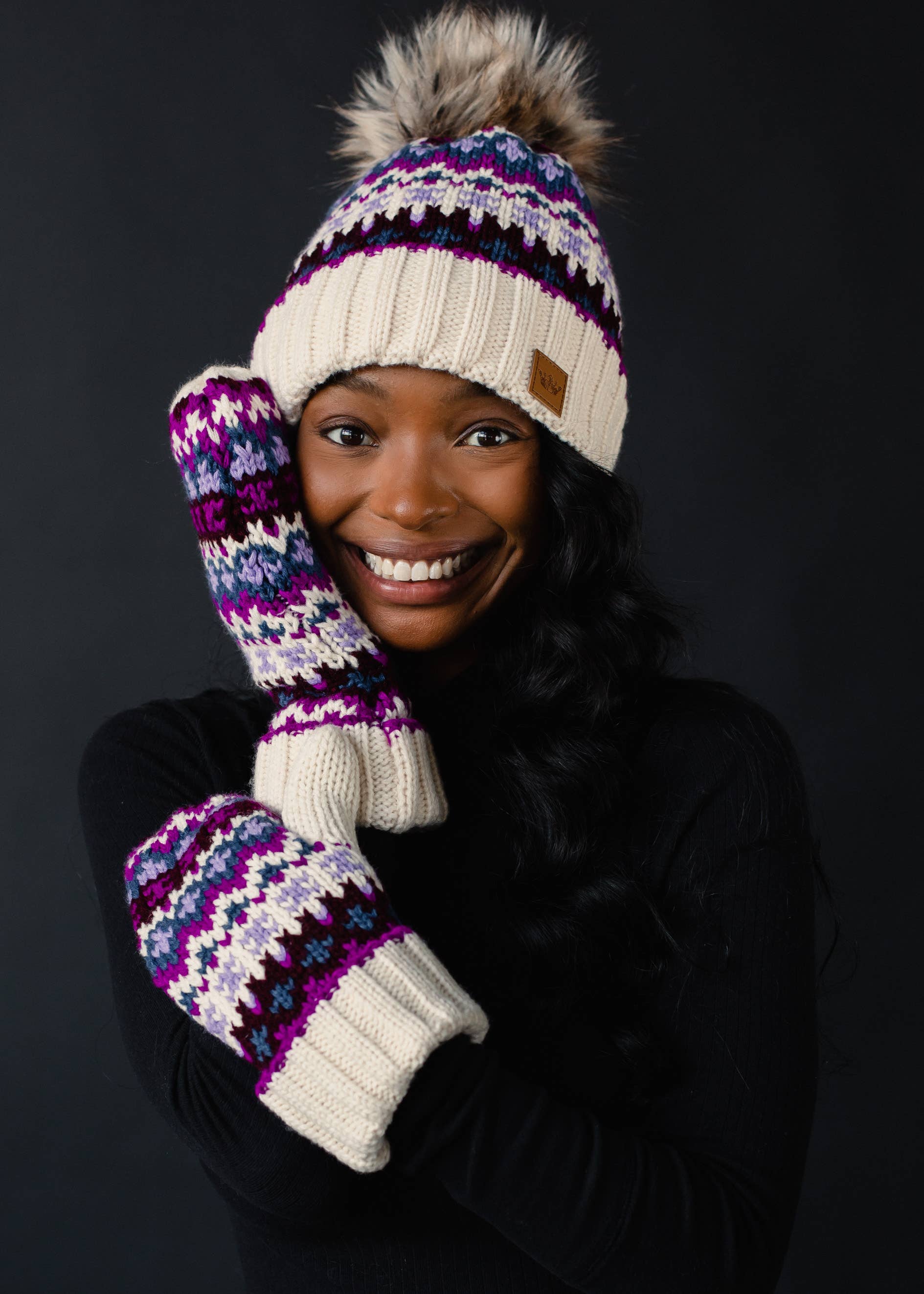 Beige, Purple & Multicolored Patterned Mittens