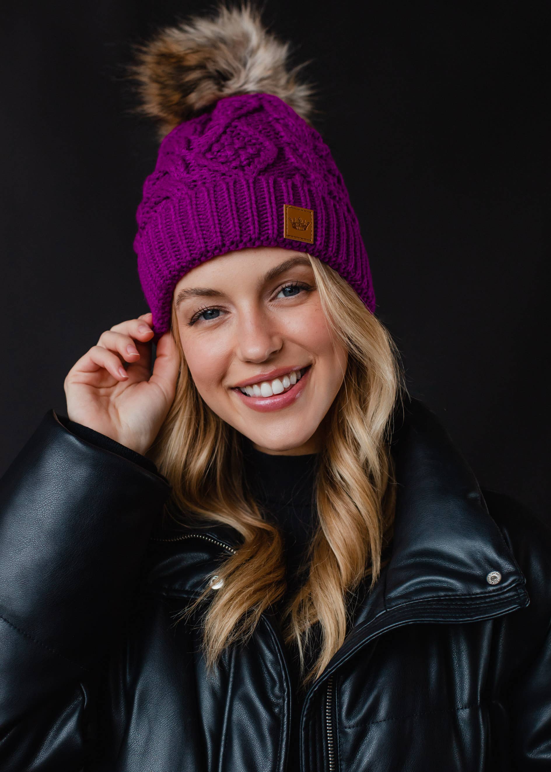 Purple Cable Knit Pom Hat