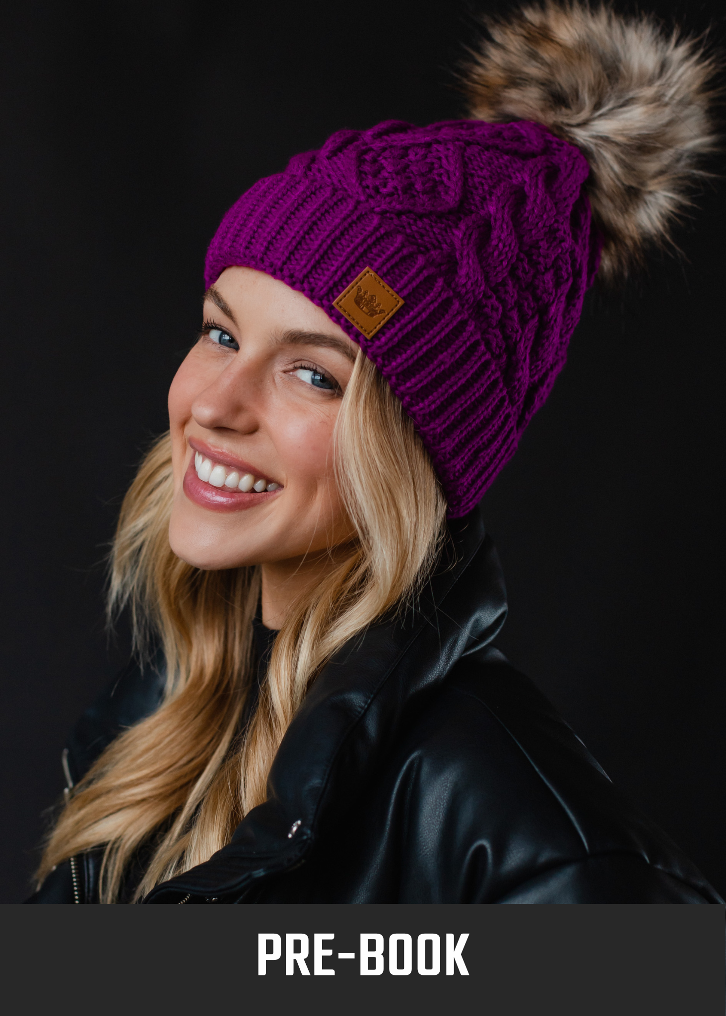 Purple Cable Knit Pom Hat