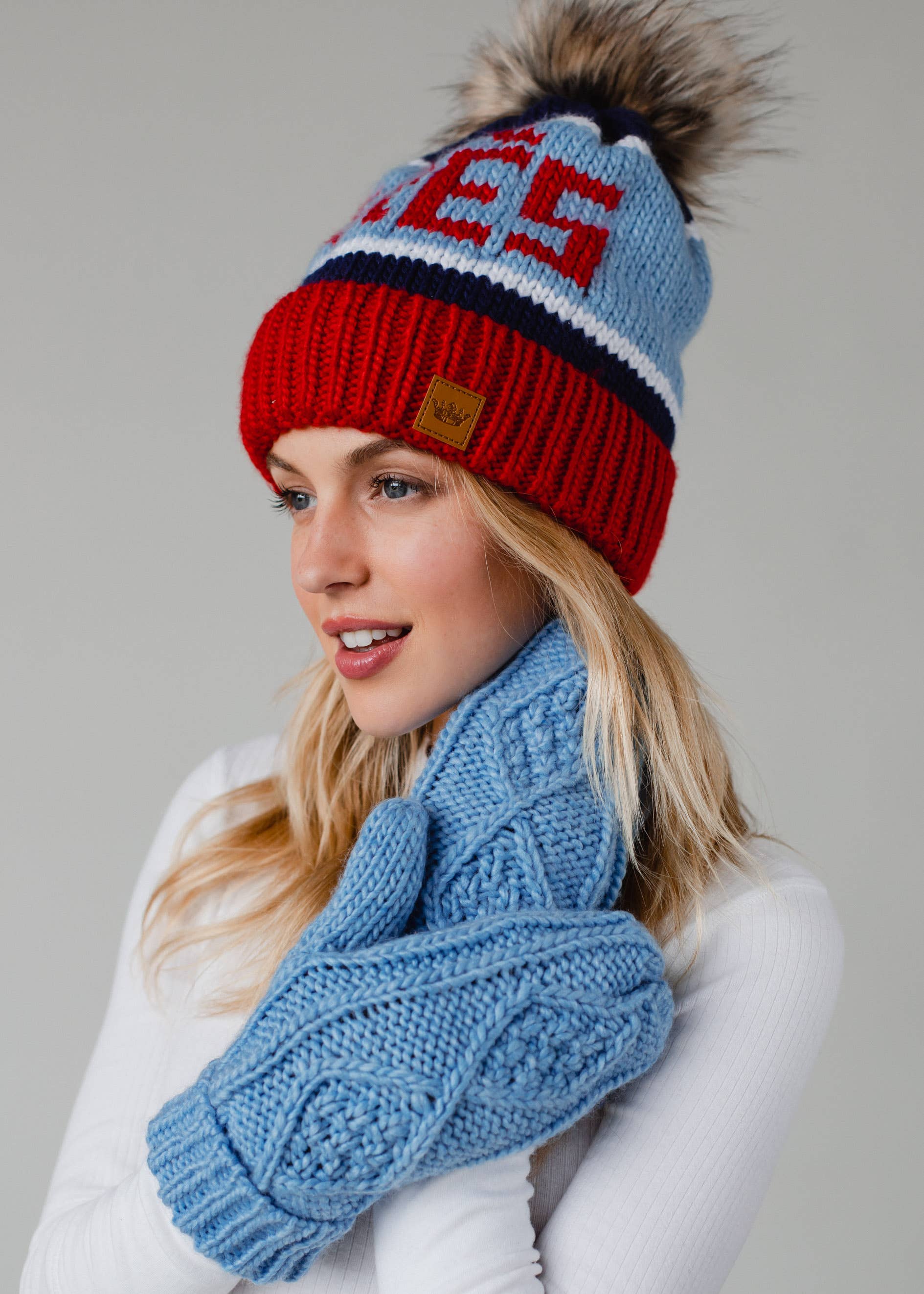 Red, Lt. Blue & Navy Apres Pom Hat