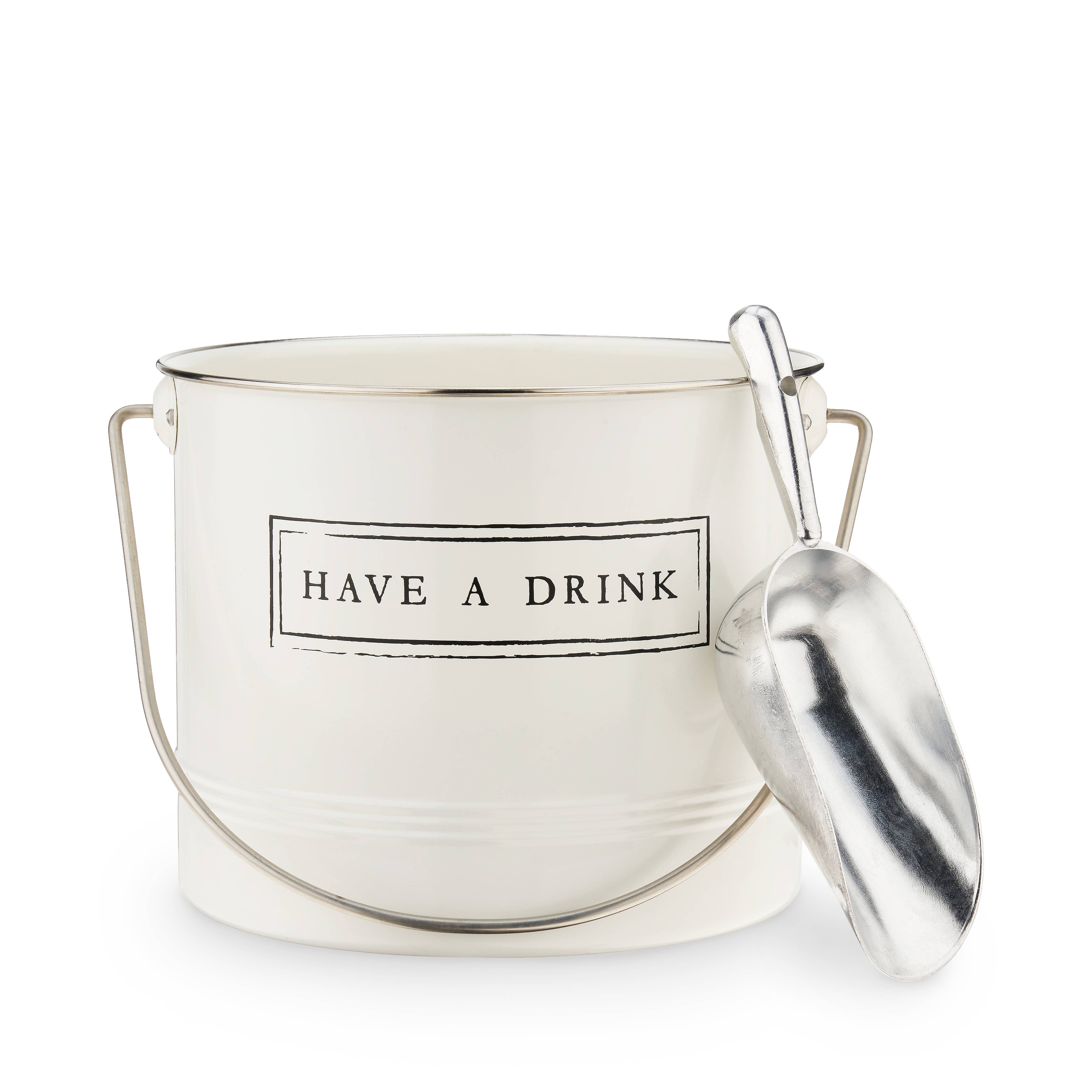 Galvanized Metal Ice Bucket & Scoop - "Have A Drink" - White