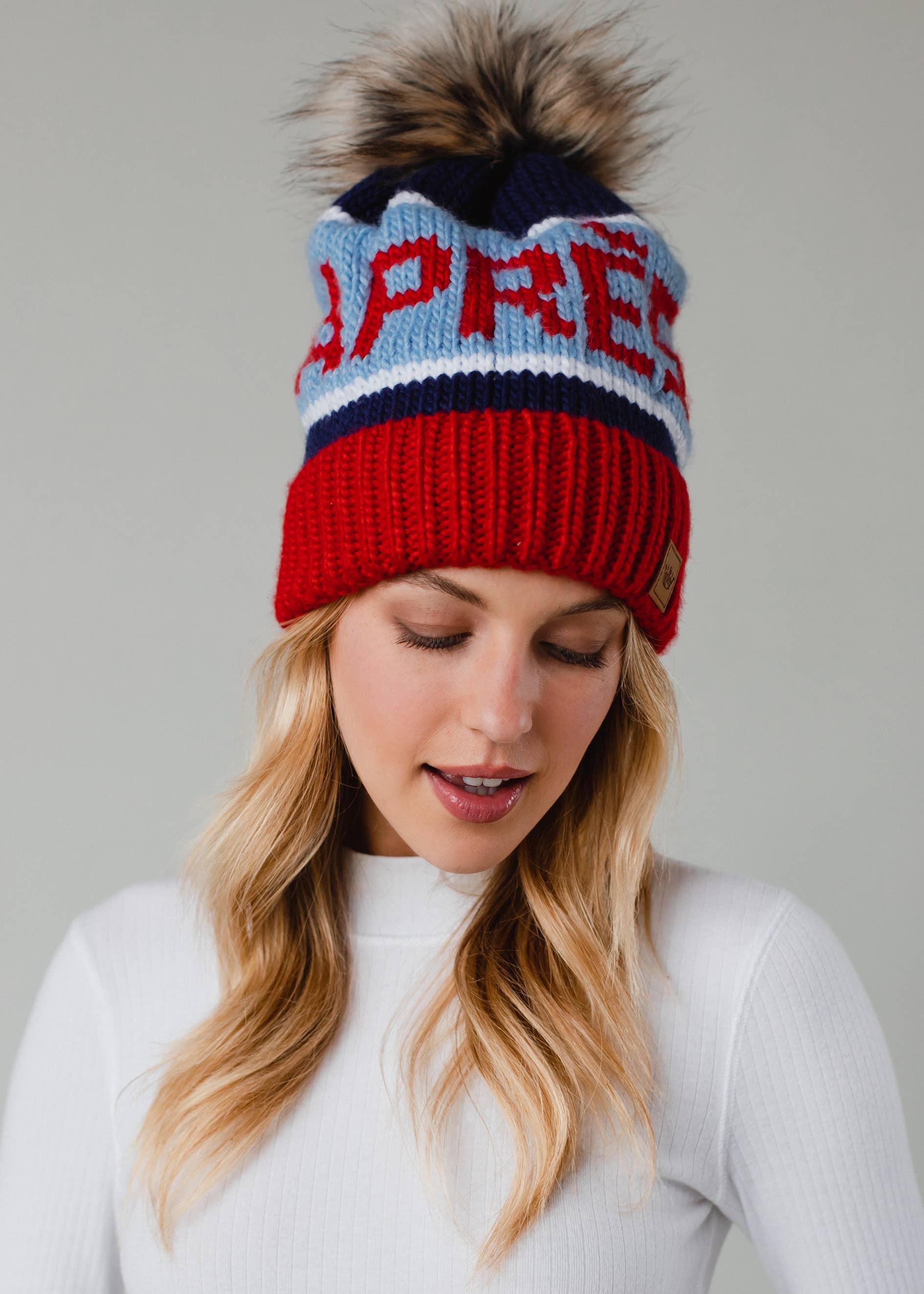 Red, Lt. Blue & Navy Apres Pom Hat